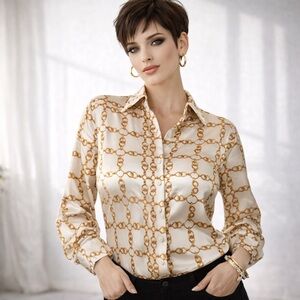 Zara Women’s blouse button down Satin Scarf Chainlink print White Gold Sz L